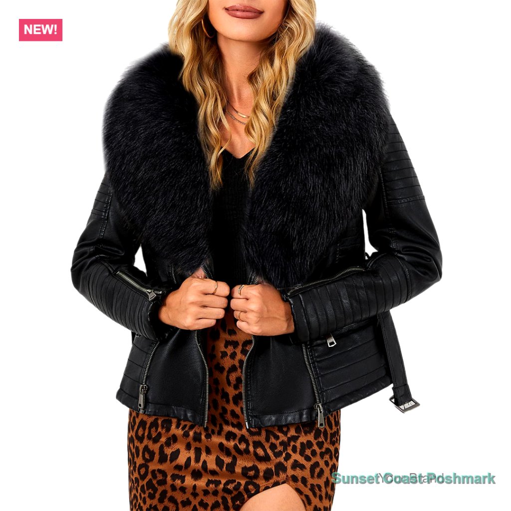 Faux Leather Moto Jacket With Removable Fur Collar Sherpa-Lined
